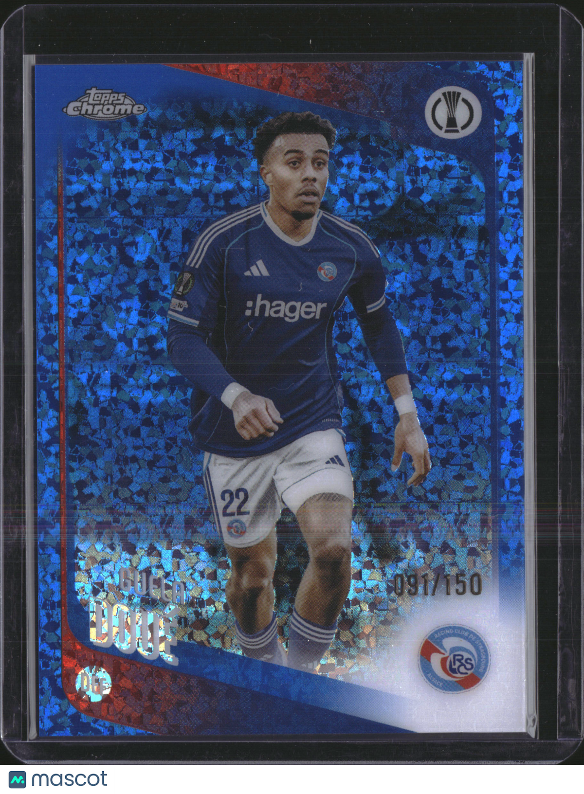 2026 Topps Chrome UEFA Club Competitions Guela Doué #180 Blue Shimmer /150 RC