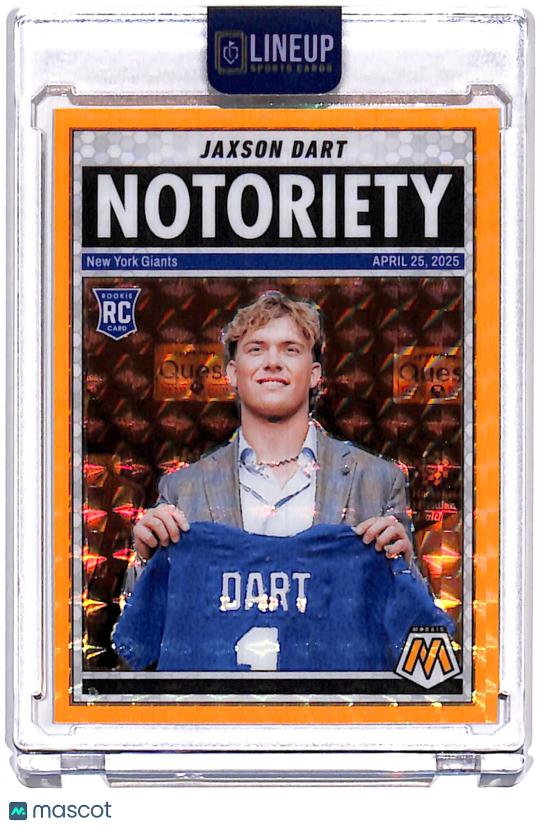 2025 Panini Mosaic Football Jaxson Dart #11 Notoriety Orange Fluorescent RC