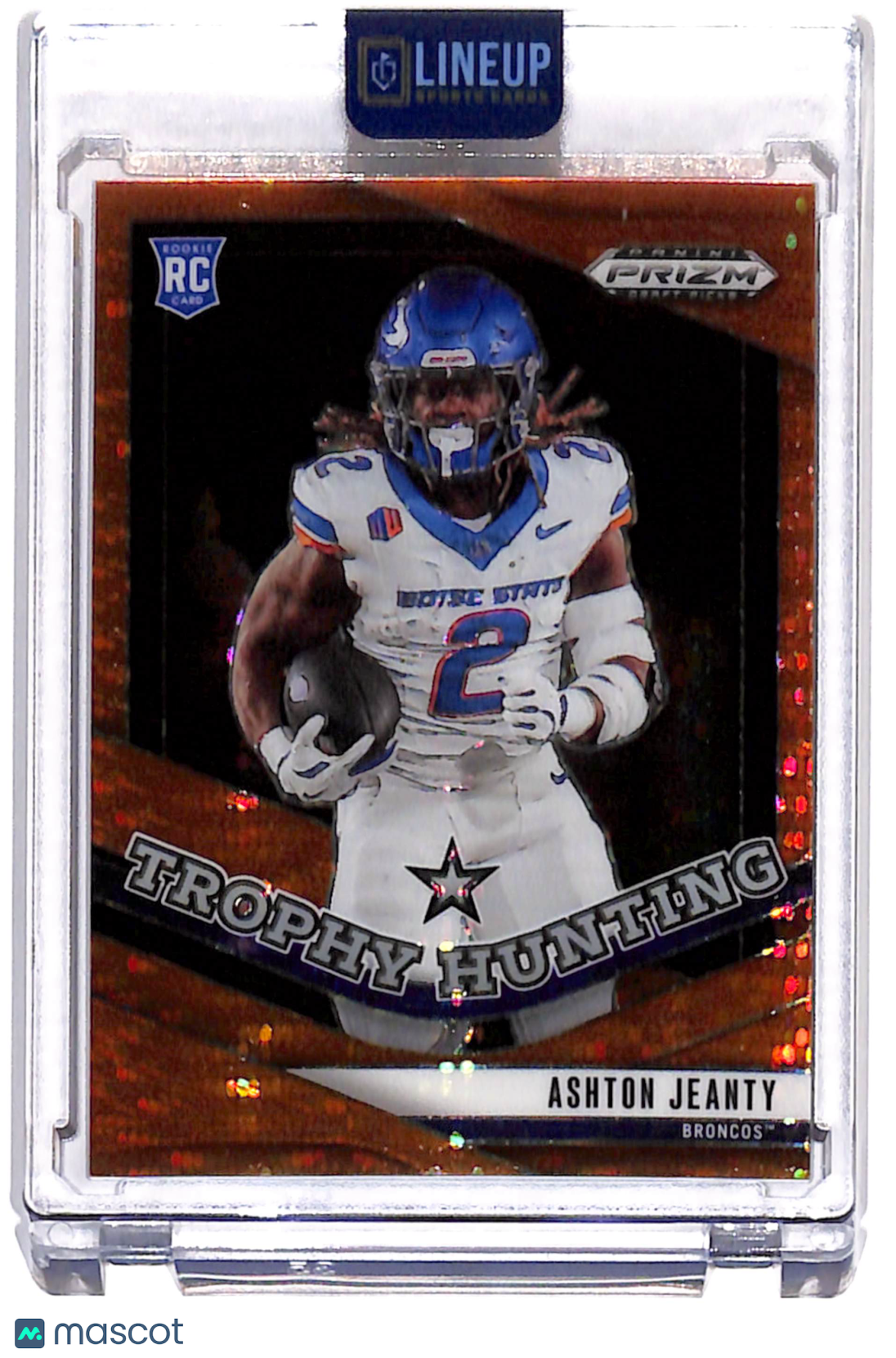 2025 Panini Prizm Draft Picks Trophy Hunting Ashton Jeanty #2 Orange Pulsar Prizm /75 RC