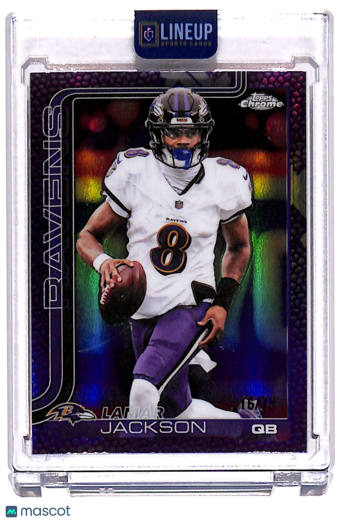 2025 Topps Chrome Lamar Jackson #24 Purple Pigskin Refractor