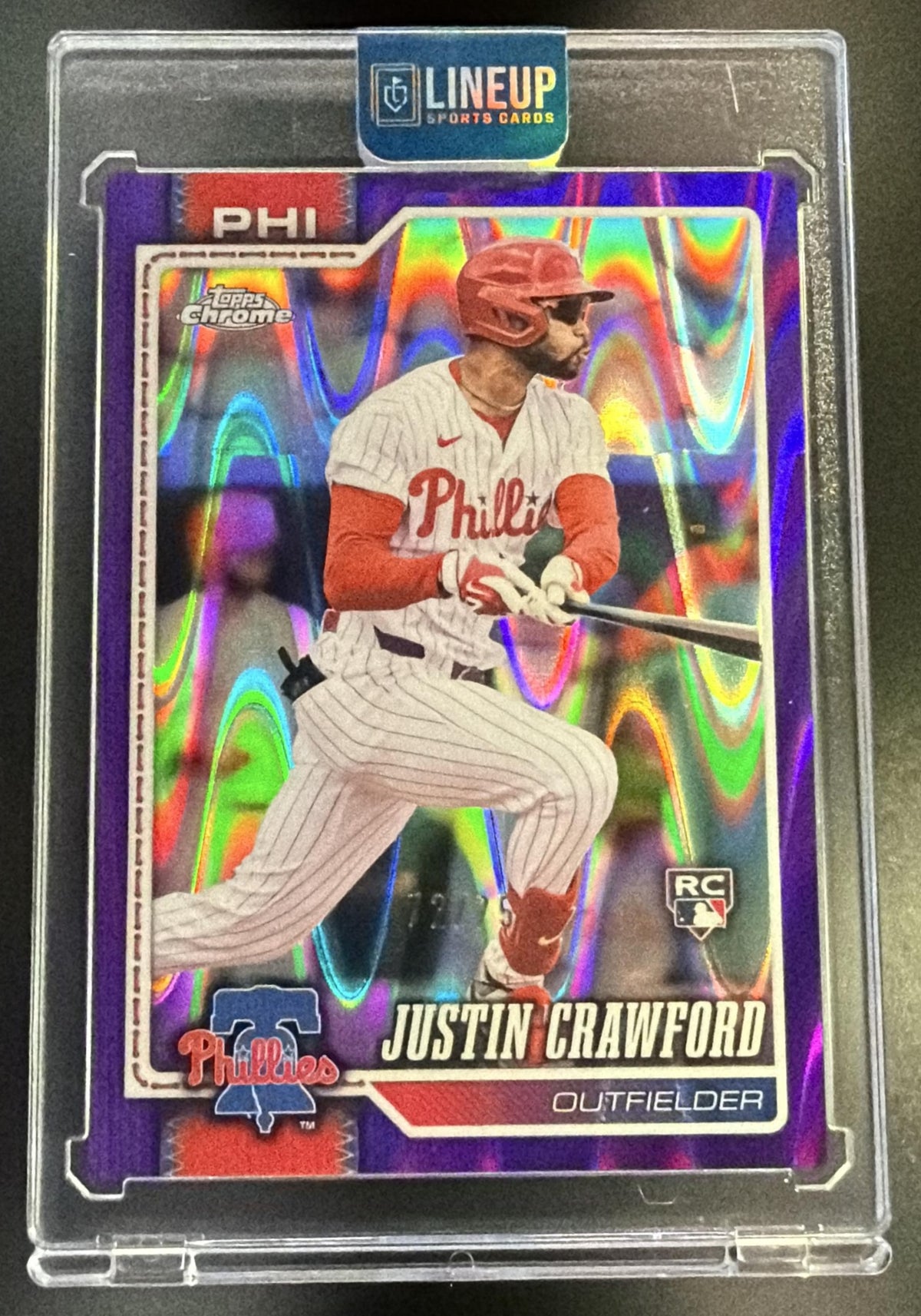 2026 Topps Chrome Justin Crawford #73 Purple Raywave Refractor 72/75 RC Phillies