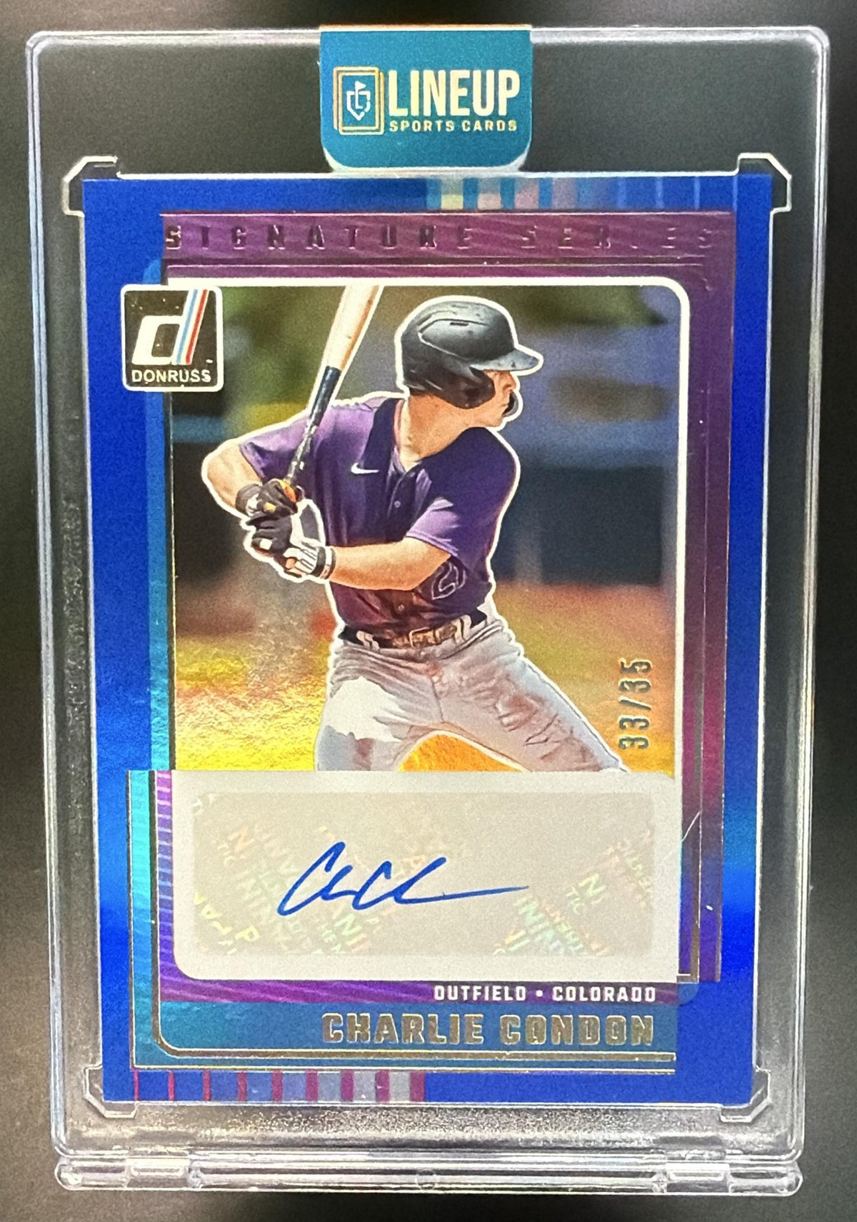 2025 Panini Donruss Charlie Condon #80 Signature Series Blue 33/35 Auto Rockies