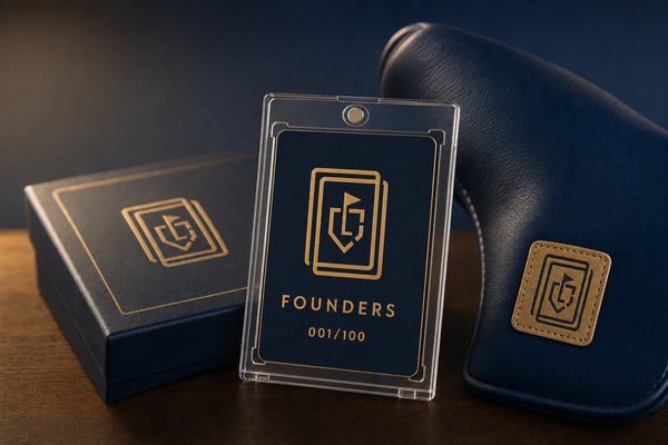 Concept rendering — LINEUP FOUNDERS numbered card in a magnetic one-touch with presentation box and headcover. Final product may vary.