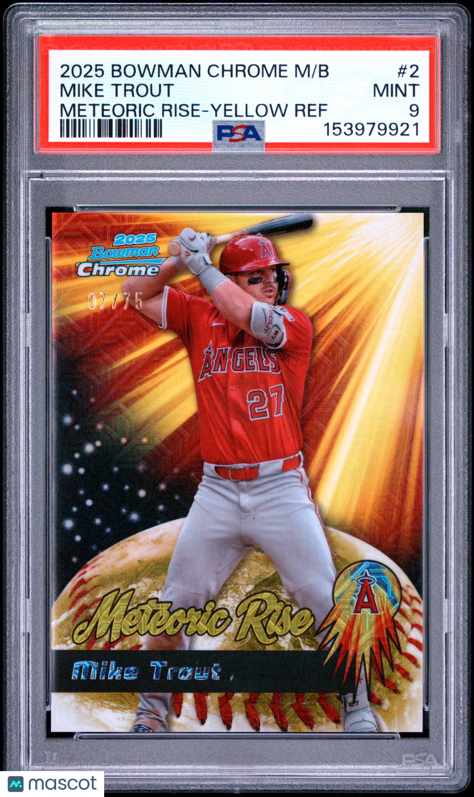 2025 Bowman Chrome Mega Box Meteoric Rise Mike Trout #2 Yellow Ref /75 PSA 9