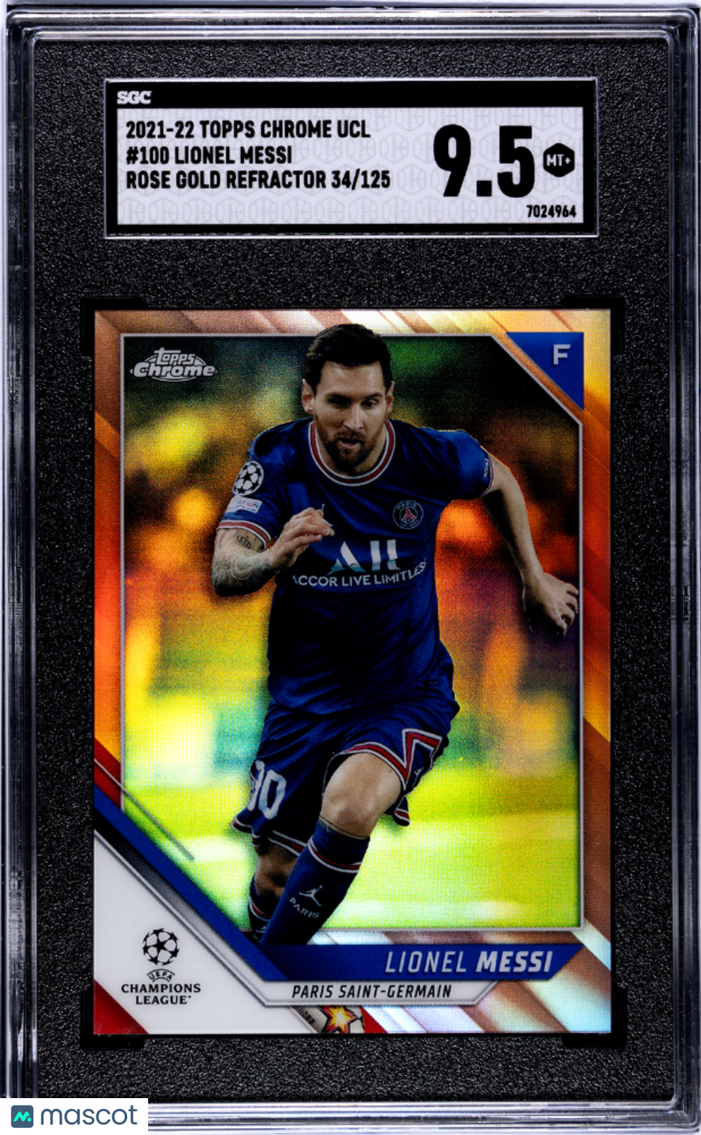 SGC 9.5 2021 Topps Chrome Ucl Lionel Messi #100 Rose Gold /125125